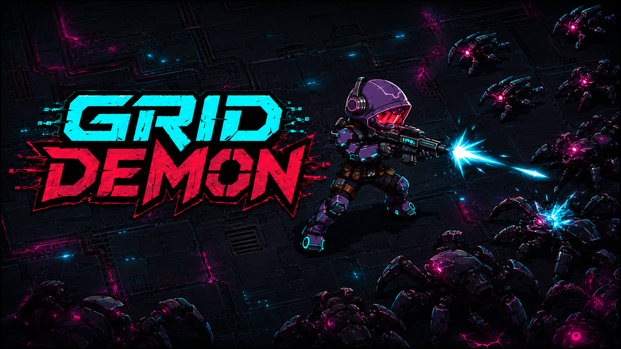 Grid Demon hero art: a neon soldier firing on a swarm of cybernetic spider machines