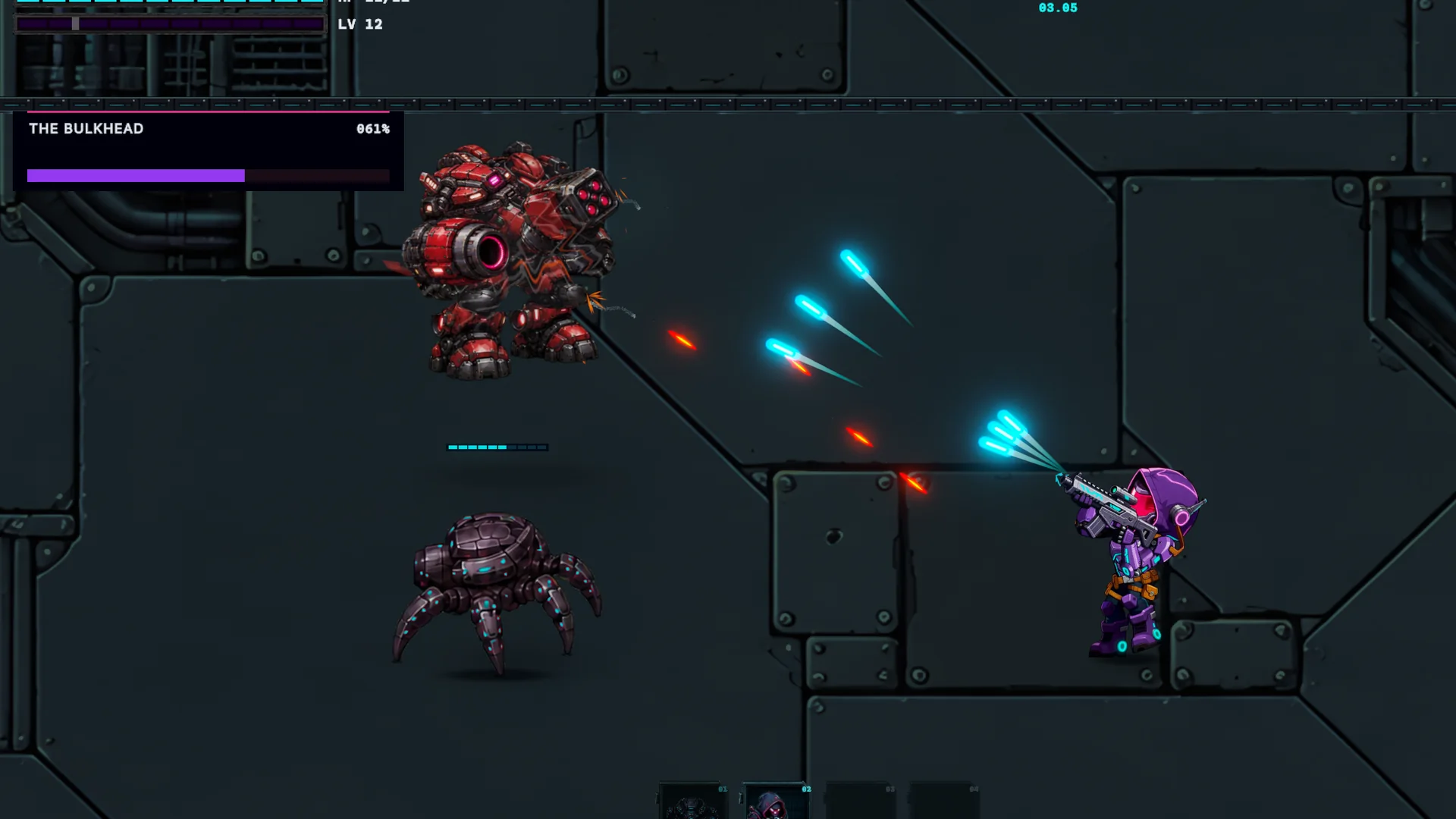The player trades fire with the Bulkhead Warden at close range