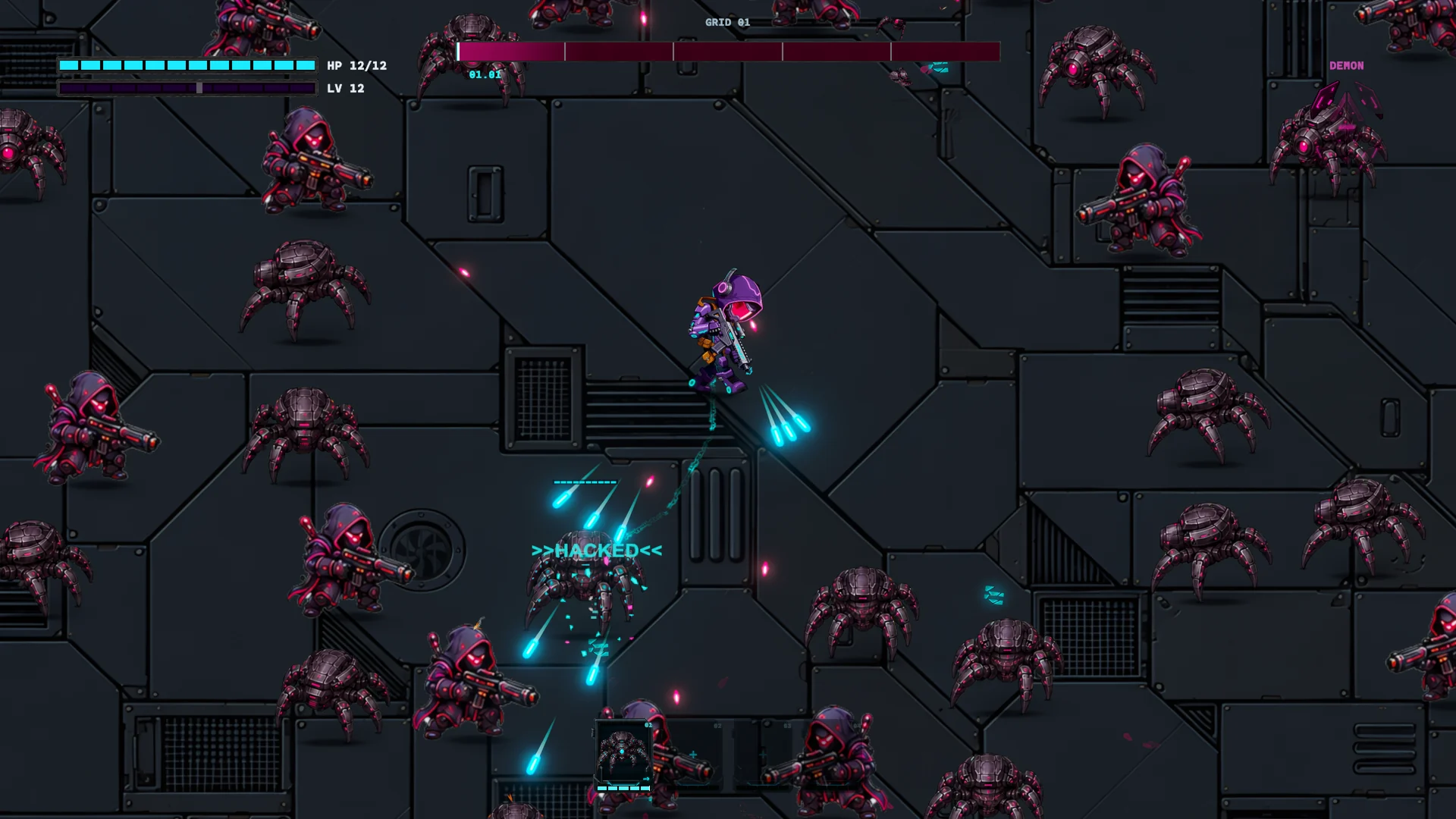 A hostile machine being converted into a hacked ally during combat