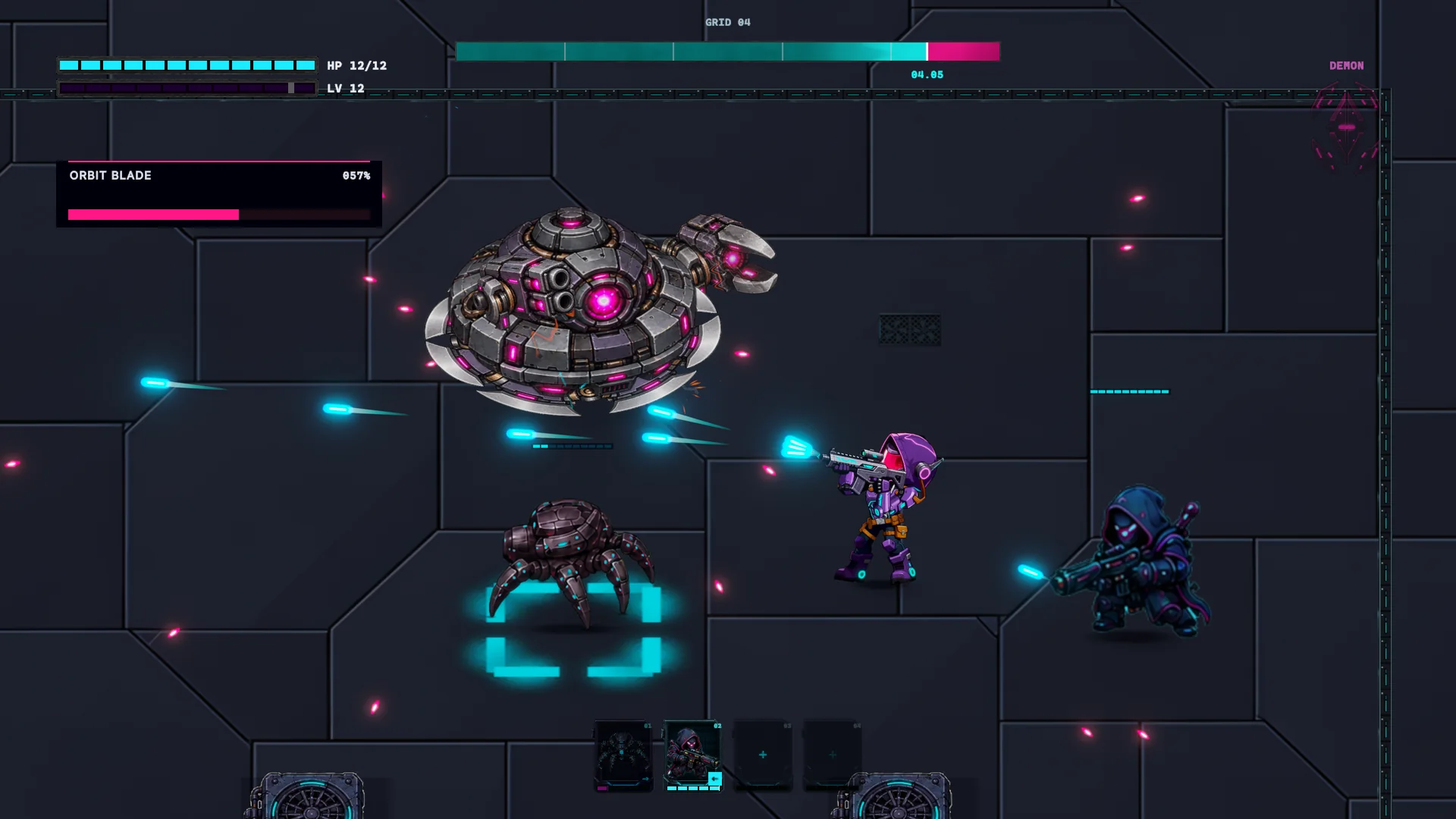 The player and a hacked ally counterattacking the Orbit Blade in Grid 4
