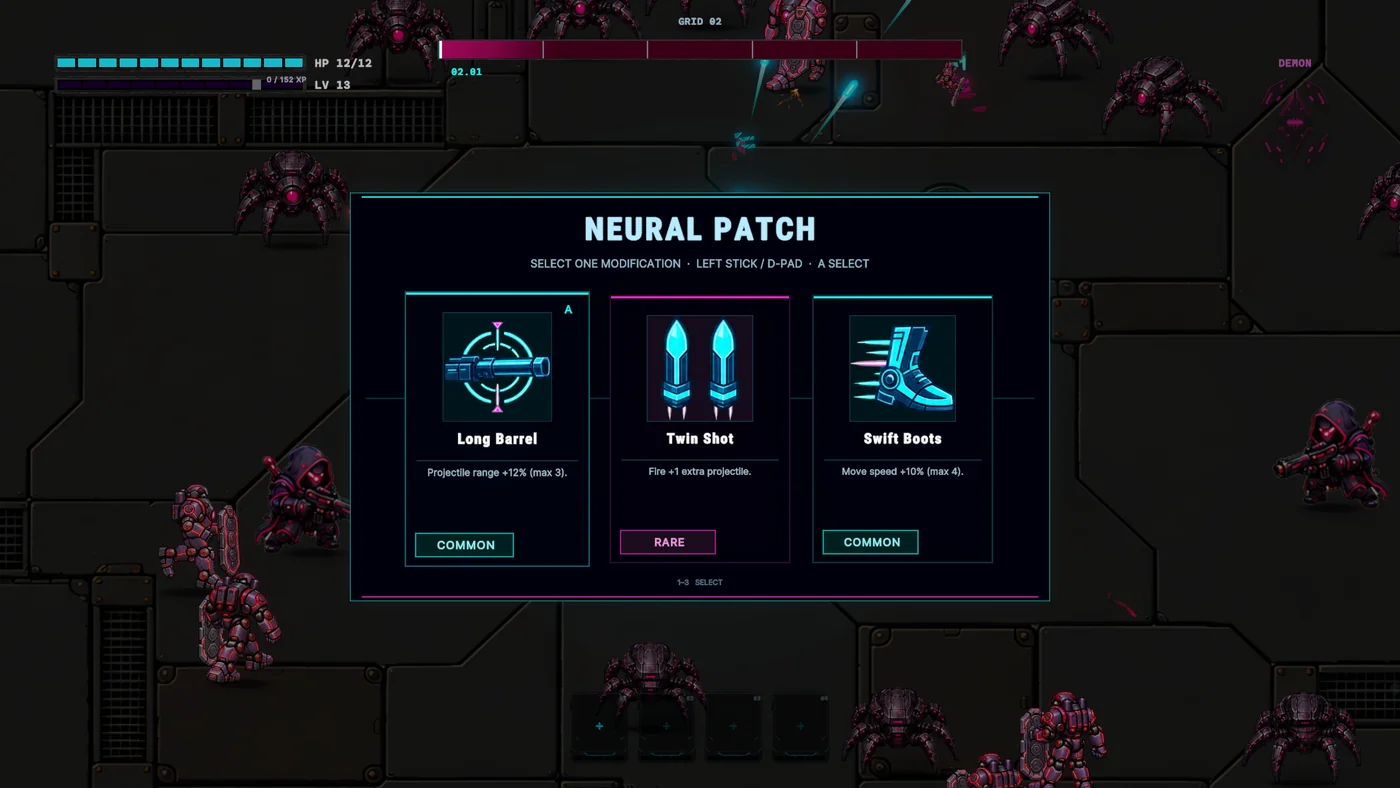 The Neural Patch screen offering Long Barrel, Twin Shot, and Swift Boots