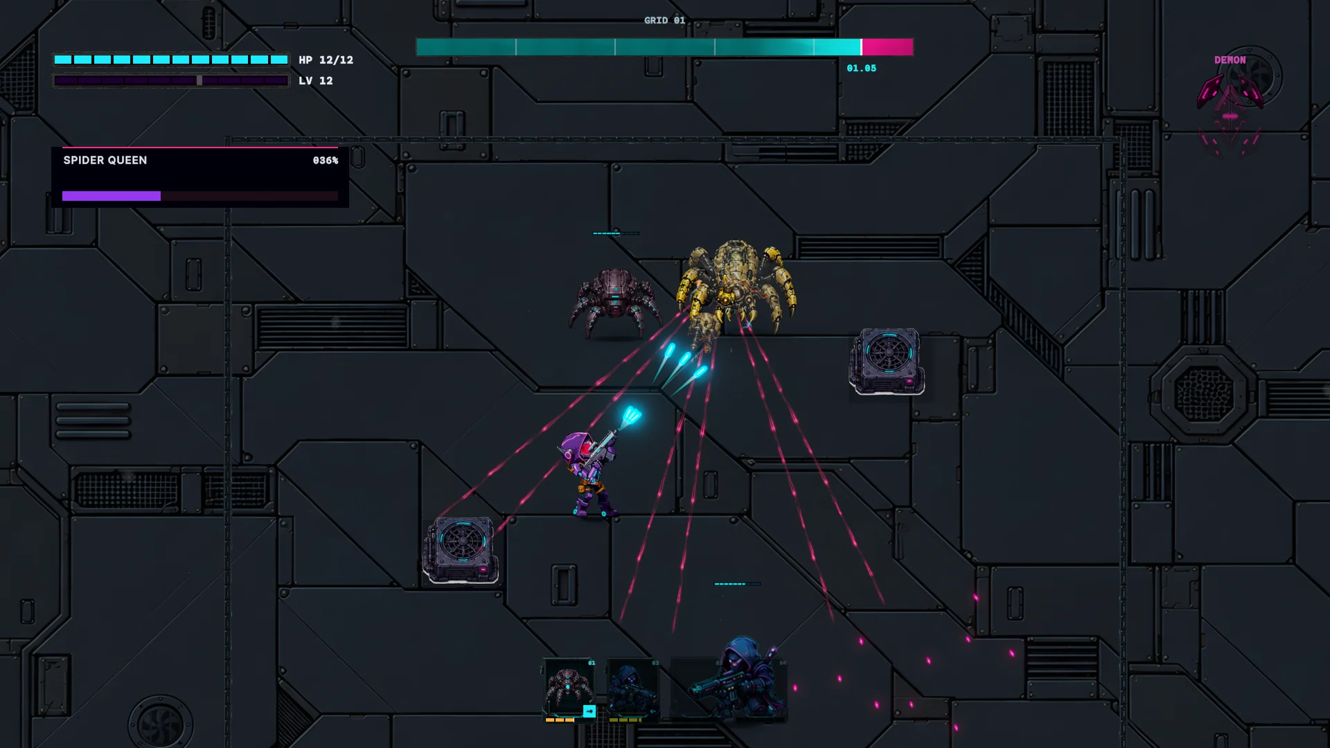 The player threading through the Spider Queen Warden's attack