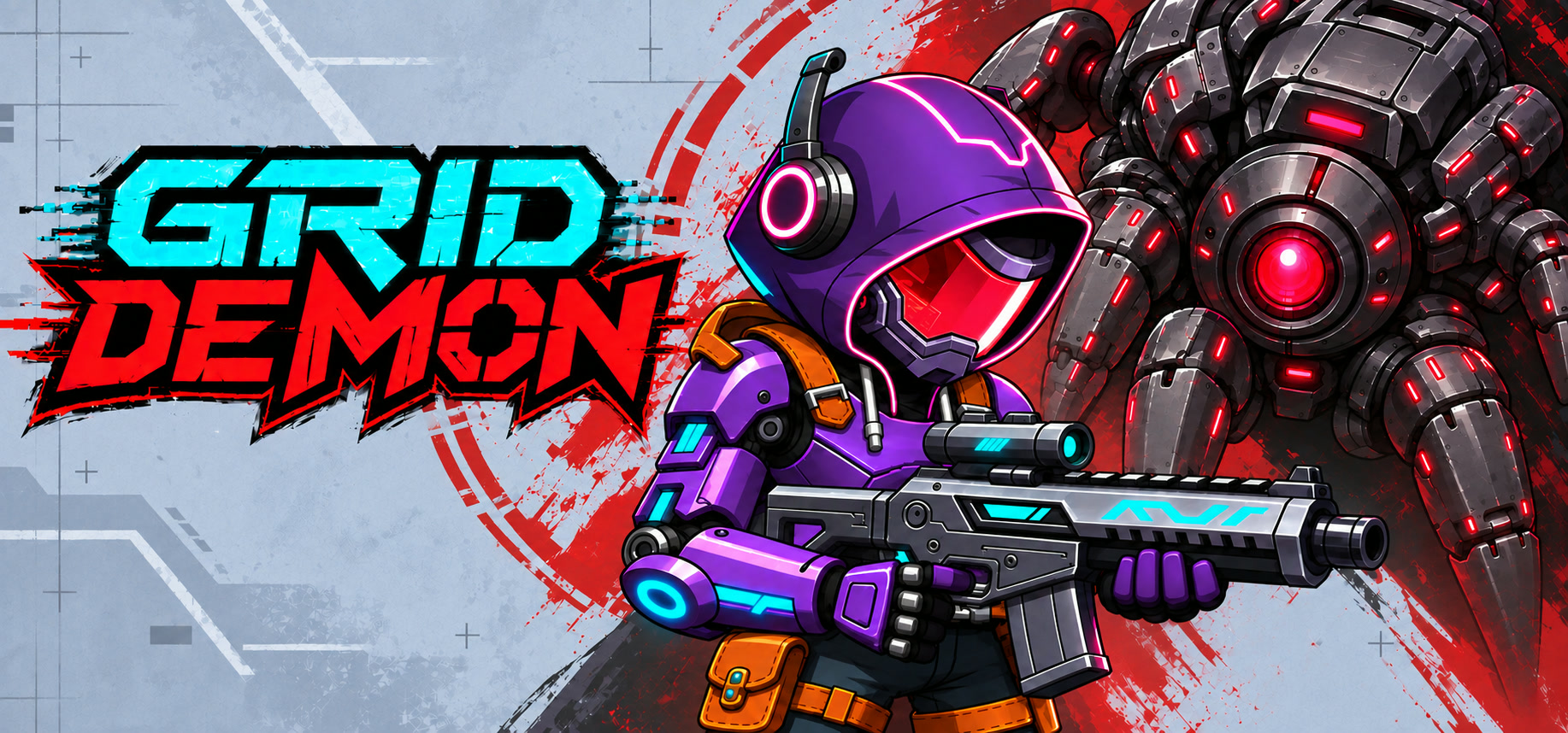 Grid Demon key art with the operative facing a towering machine Warden