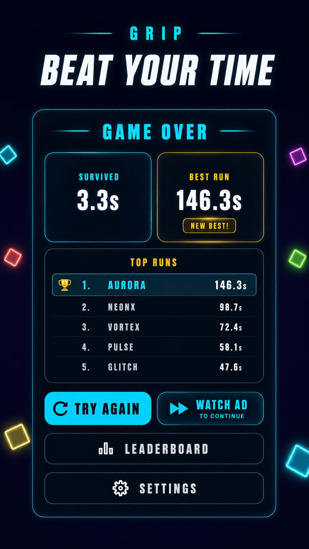 GRIP vertical score screen for mobile store assets