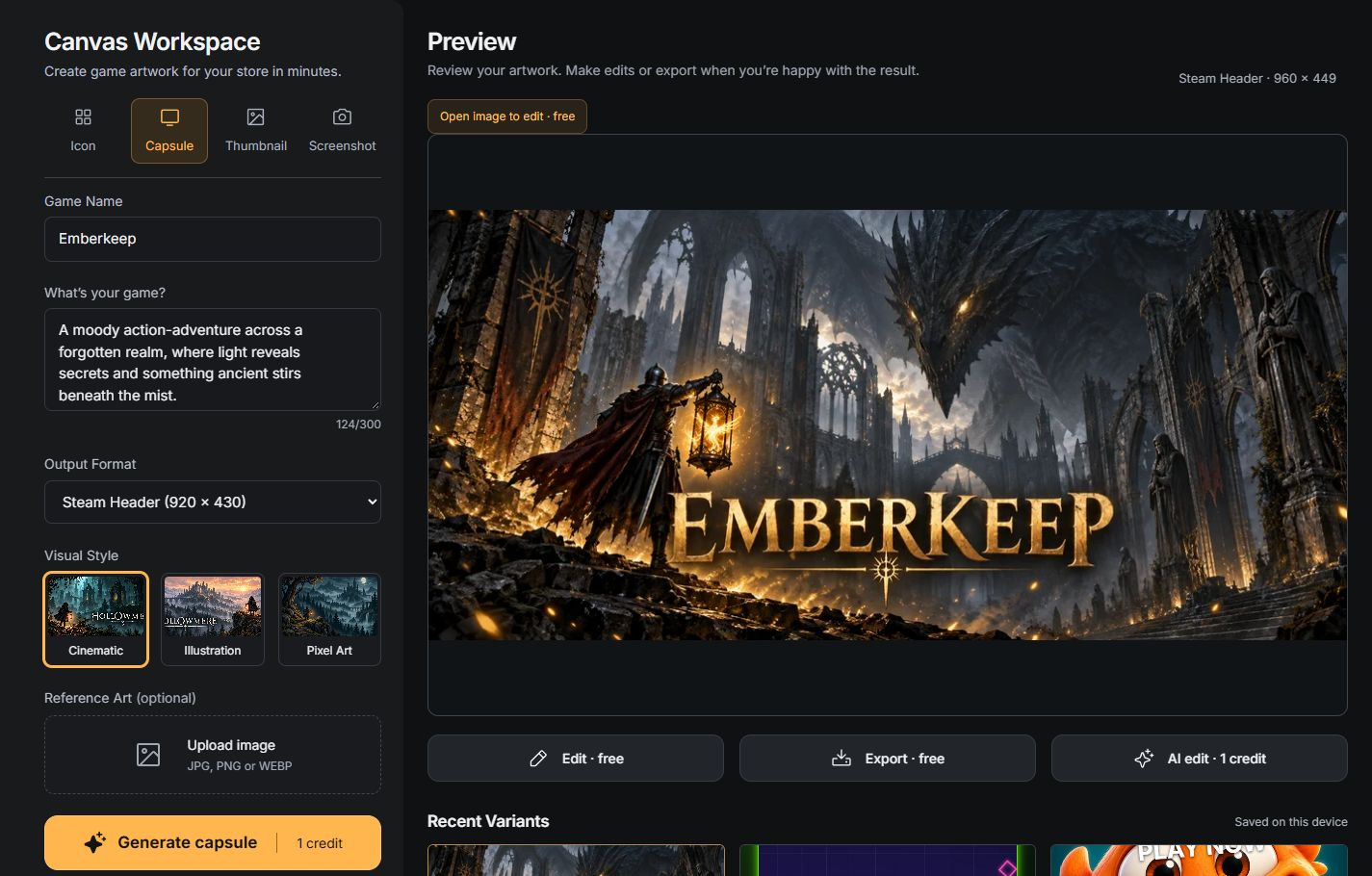 Full Studio workspace with Emberkeep artwork, creation controls, and free Edit and Export tools